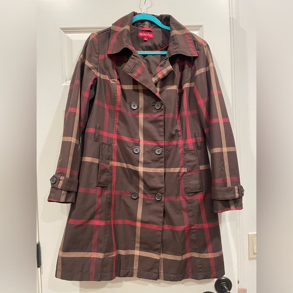Merona Brown/Maroon Plaid Trench Coat - Picture 1 of 10